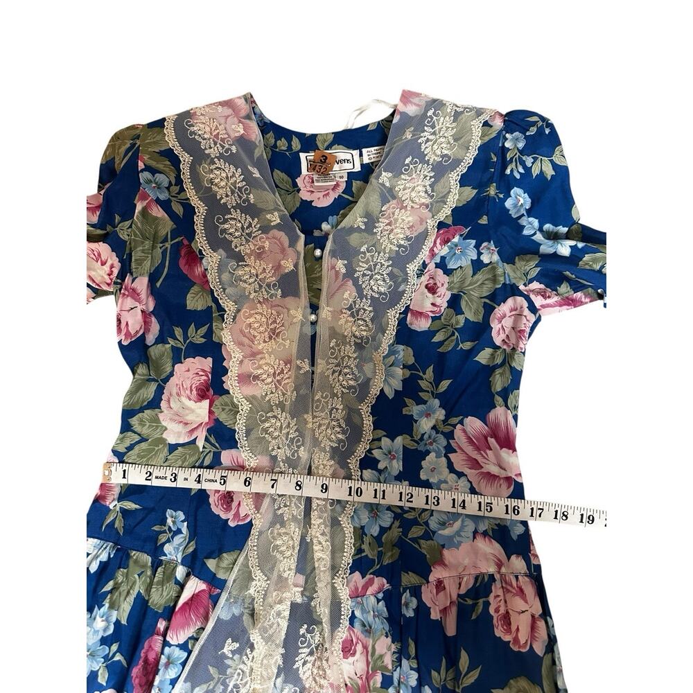 VTG 90s Karen Stevens Romantic Floral Midi Dress Lace Tie Sailor Collar Modest M - Picture 9 of 16